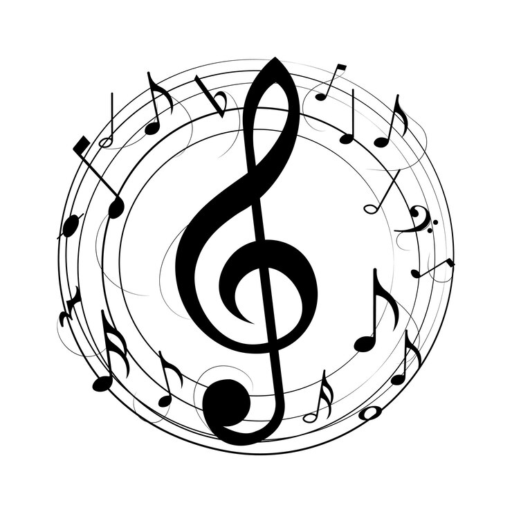 Un diseño circular con una clave aguda y notas musicales que fluyen