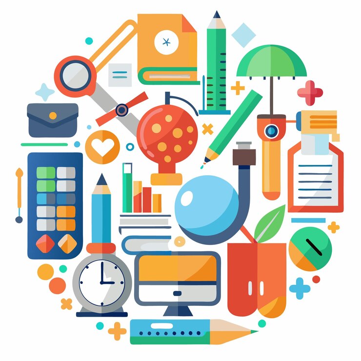 Vector diseño de círculo abstracto colorido con varios iconos que representan la tecnología educativa y la creatividad