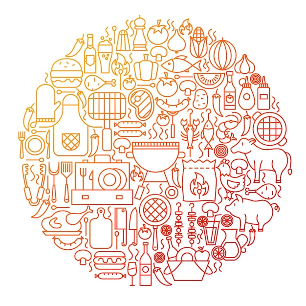 Diseño de círculo de icono de línea de barbacoa. Ilustración de vector de objetos de esquema de menú de parrilla.