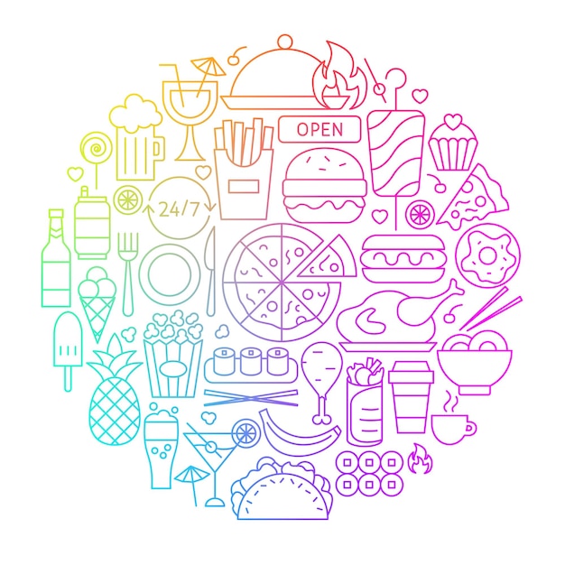 Diseño de círculo de icono de línea de comida rápida. Ilustración vectorial de objetos aislados en blanco.