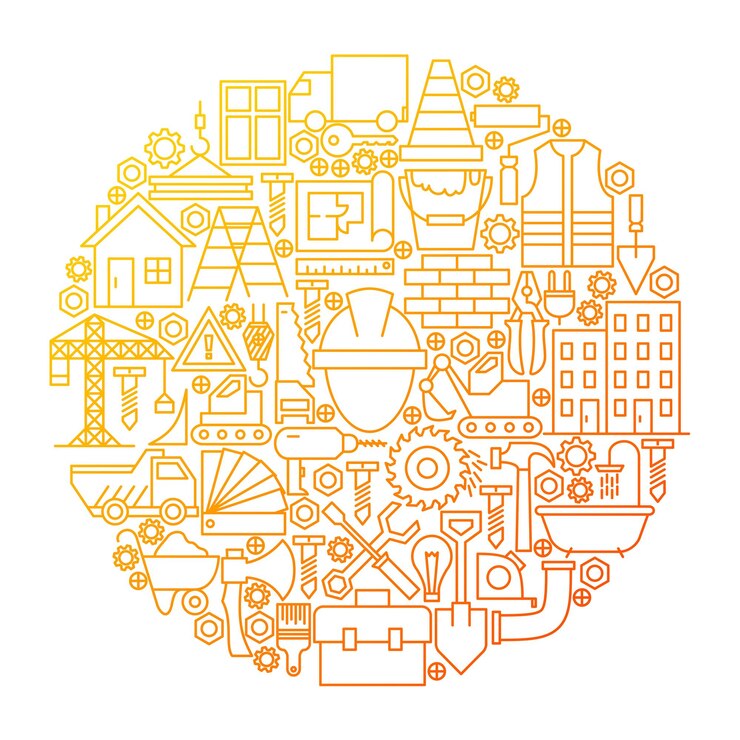 Vector diseño de círculo de icono de línea de construcción. ilustración de vector de objetos de equipo de construcción.