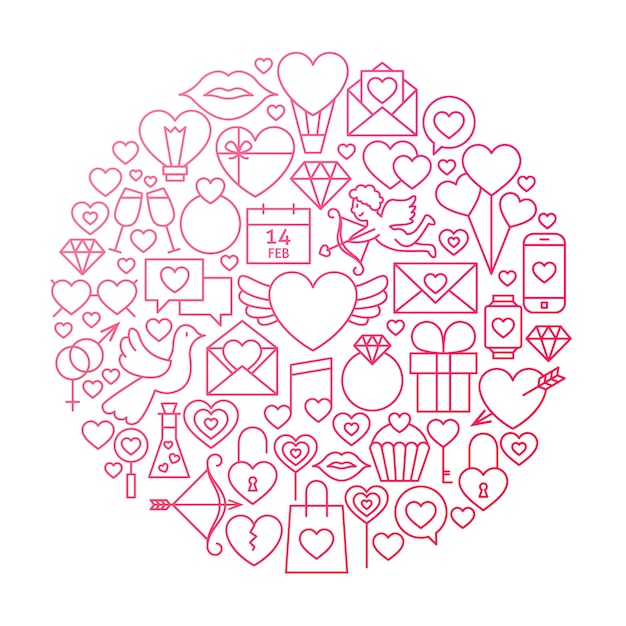 Diseño de círculo de icono de línea de día de San Valentín. Ilustración de vector de objetos de boda de amor.