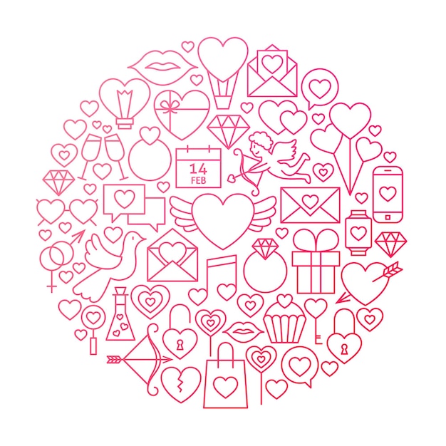 Diseño de círculo de icono de línea de día de San Valentín. Ilustración de vector de objetos de boda de amor.