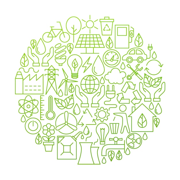 Diseño de círculo de icono de línea de ecología. Ilustración de vector de energía verde y objetos ambientales.