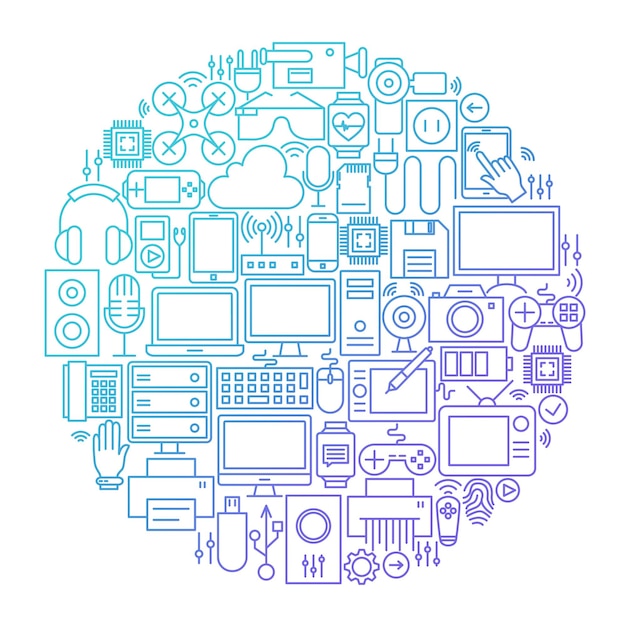 Diseño de círculo de icono de línea de gadget. Ilustración de vector de objetos de tecnología y electrónica.