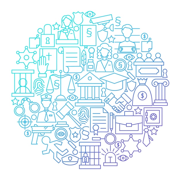 Diseño de círculo de icono de línea de ley. Ilustración de vector de objetos de abogado y abogado.