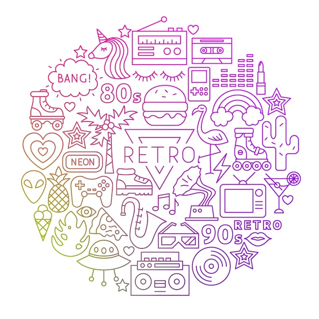 Diseño de círculo de icono de línea retro. Ilustración vectorial de objetos aislados en blanco.