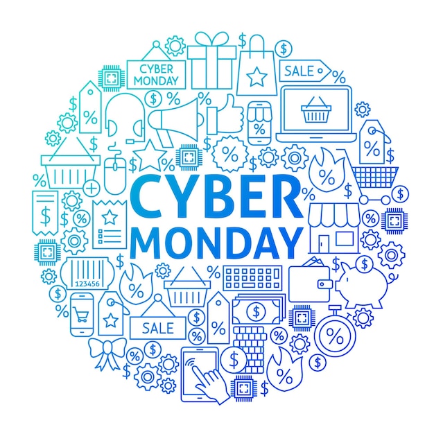 Diseño de círculo de línea cyber monday. ilustración vectorial de objetos de venta de compras aislados en blanco.