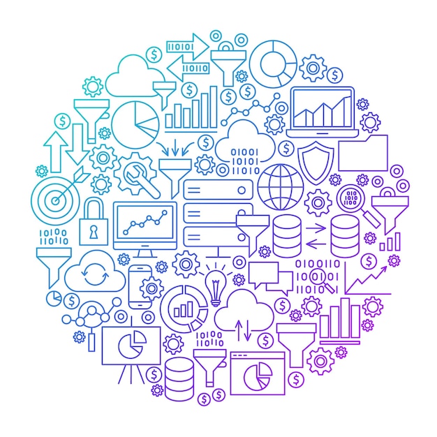 Diseño de círculo de línea de filtro de datos. Ilustración vectorial de objetos de embudo aislados en blanco.