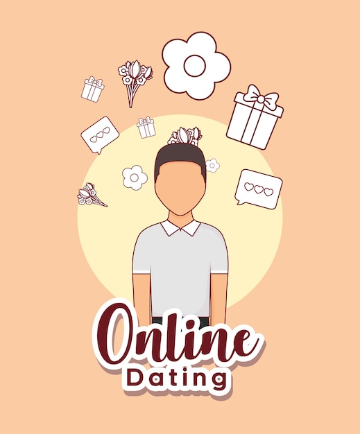 Diseño de citas en línea con avatar hombre e iconos relacionados
