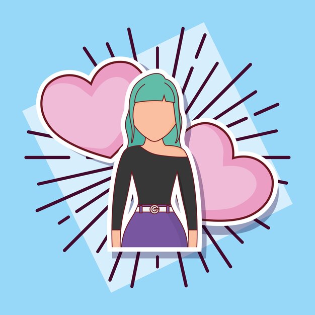 Diseño de citas en línea con avatar icono de mujer y corazones