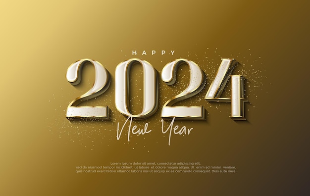 Diseño clásico para la celebración de Feliz Año Nuevo 2024 Con ilustraciones de números elegantes y lujosas Diseño vectorial premium para saludos y celebración de Feliz Año Nuevo 2024