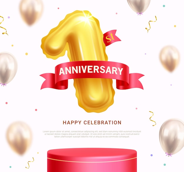 Diseño de clipart de un año de aniversario Saludo de primer aniversario con podio rojo y 1 inflable