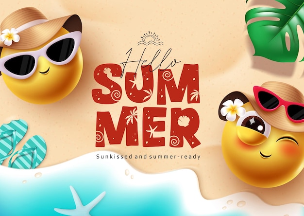 Diseño de clipart de emoji de verano con bonitos personajes emoji con sombrero
