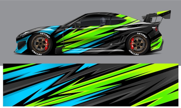 Diseño de coche de carreras con envoltura gráfica dinámica verde y azul