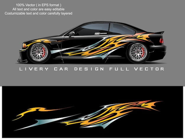 Diseño de coche con decoración de llamas en negro y dorado