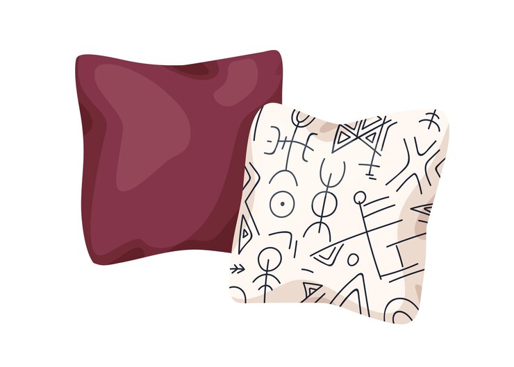 Vector diseño de cojines interiores. cojines decorativos cuadrados suaves para sofá, cama. cómoda decoración del hogar con fundas de almohada de tela lisa y patrón geométrico. ilustración de vector plano aislado sobre fondo blanco