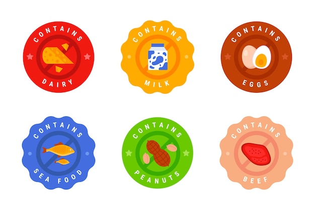 Vector diseño de colección de etiquetas de alergia alimentaria.