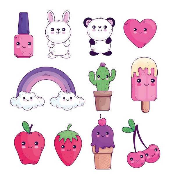 Diseño de colección de iconos de dibujos animados kawaii, tema de personaje lindo