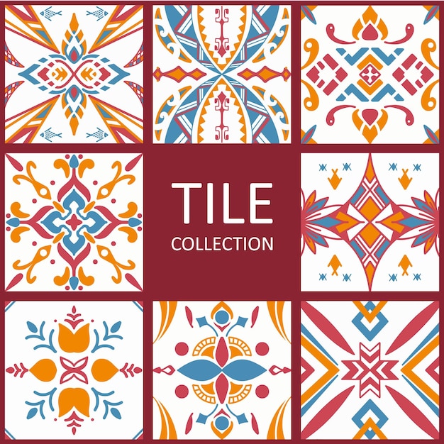 Diseño de la colección de patrones sin costuras de azulejos con motivos coloridos Ilustración vectorial EPS10