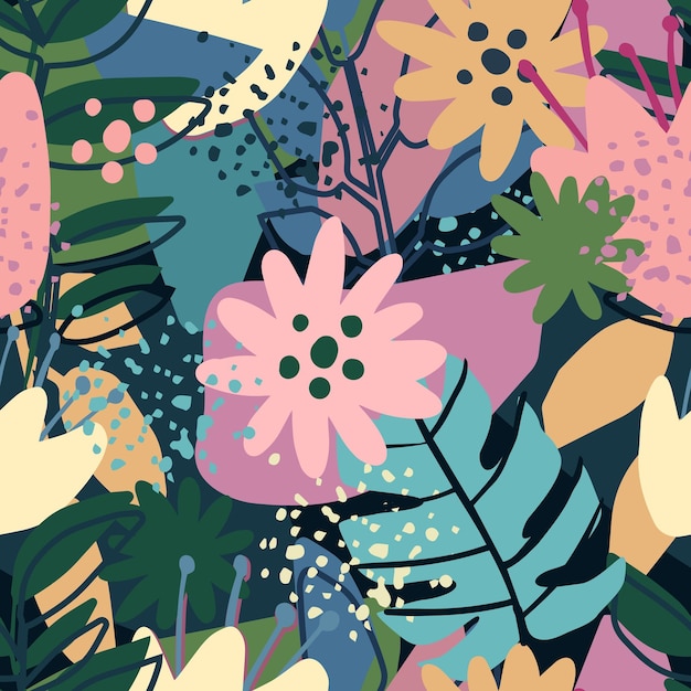 Diseño de collage contemporáneo patrón sin costuras con floral exótico de moda