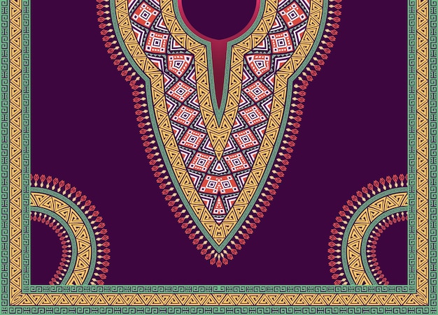 Vector diseño colorido e intrincado de cuello decorativo geométrico repetitivo para camisa dashiki africana