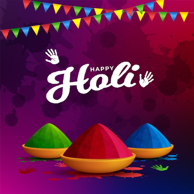 Diseño colorido del festival holi con vasija de barro llena de colores secos