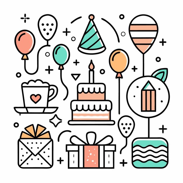 Diseño colorido de la fiesta de cumpleaños con globos de pastel y regalos