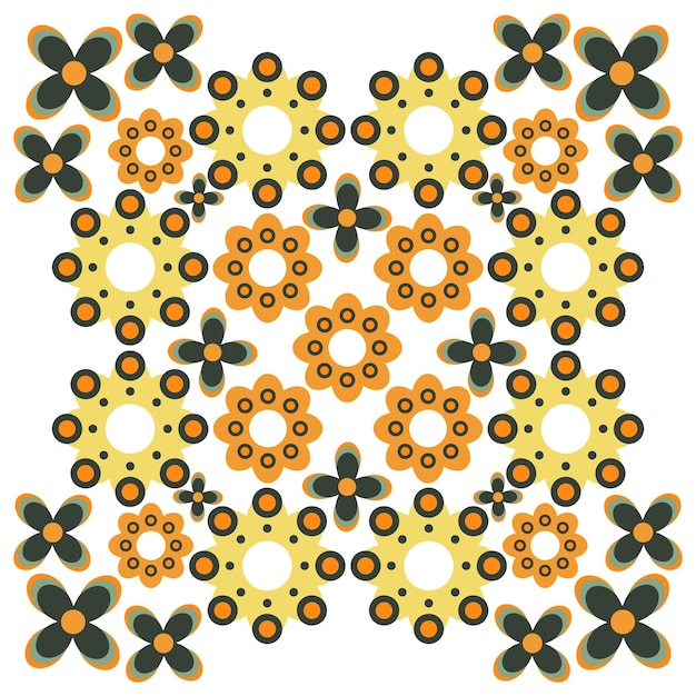 un diseño colorido con flores amarillas y flores naranjas y amarillas