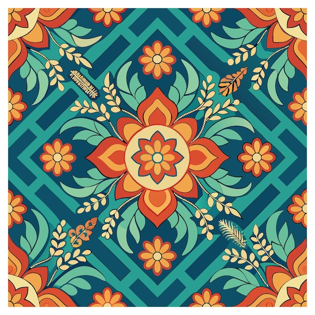 un diseño colorido con flores de naranja y una flor amarilla