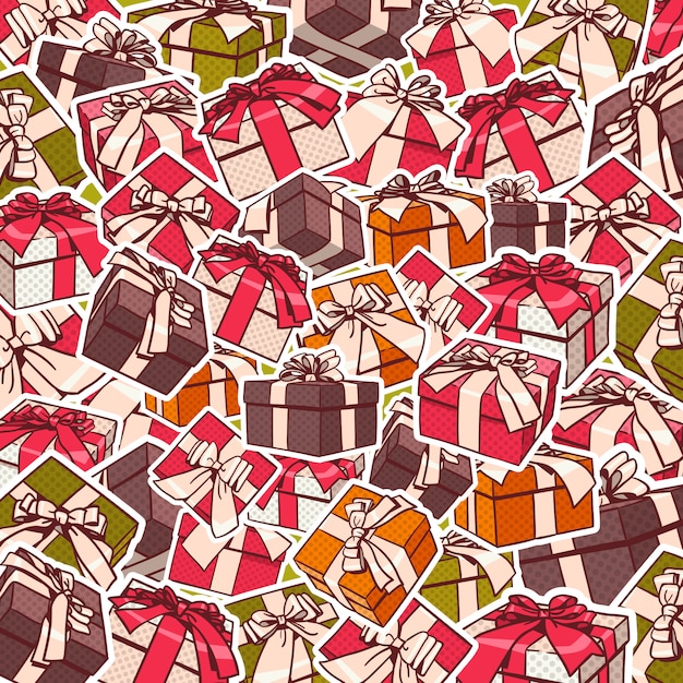 Diseño colorido del fondo del día de fiesta de las cajas de regalo y de las cintas de los arcos rojos