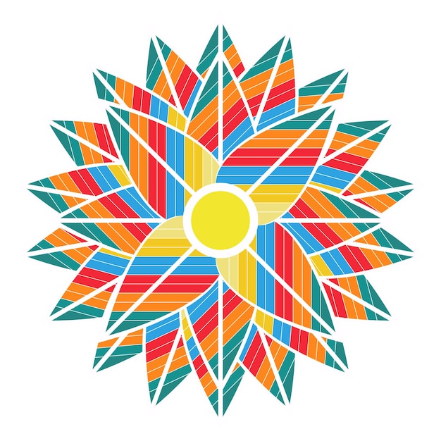 Diseño colorido geométrico de rayos de sol con patrones y formas vibrantes