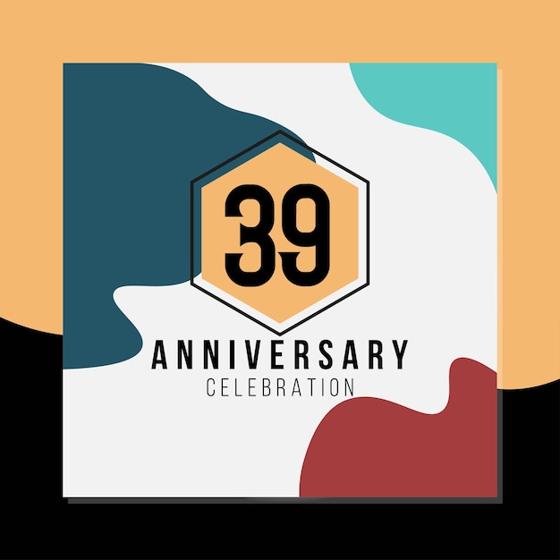 Diseño colorido del vector de celebración del 39 aniversario en la plantilla de fondo negro y amarillo