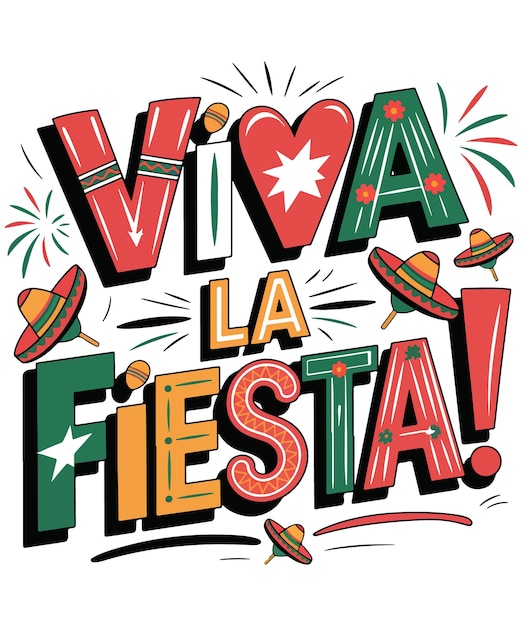 Diseño colorido de Viva La Fiesta con sombreros y fuegos artificiales