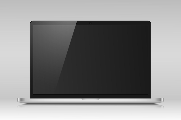 Diseño de computadora portátil realista con una pantalla negra y reflejo en un fondo degradado gris