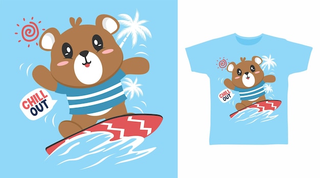 Diseño de concepto de camiseta de dibujos animados de oso de surf