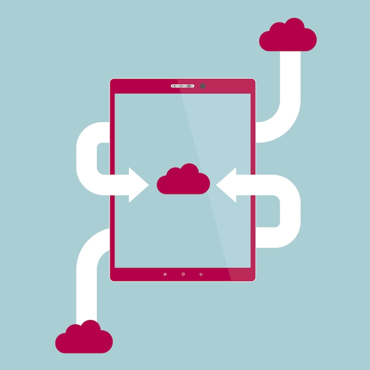 Vector diseño de concepto de computación en la nube, aislado sobre fondo azul.