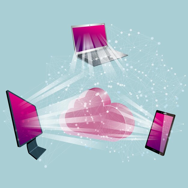 Diseño de concepto de computación en la nube. El fondo es azul.