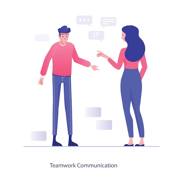 Un diseño de concepto de comunicación de trabajo en equipo en estilo plano editable