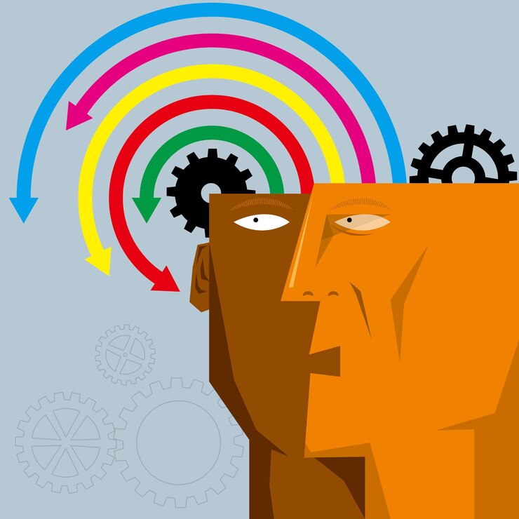 Vector diseño de concepto de inteligencia artificial, engranaje y flecha en el cerebro. el fondo es gris.