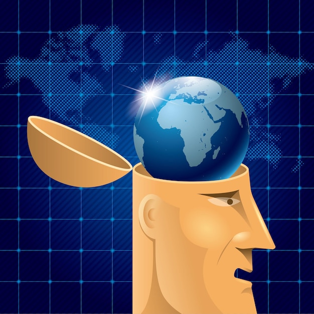 Diseño de concepto de inteligencia artificial, tierra en el cerebro. El fondo es un mapa del mundo azul.