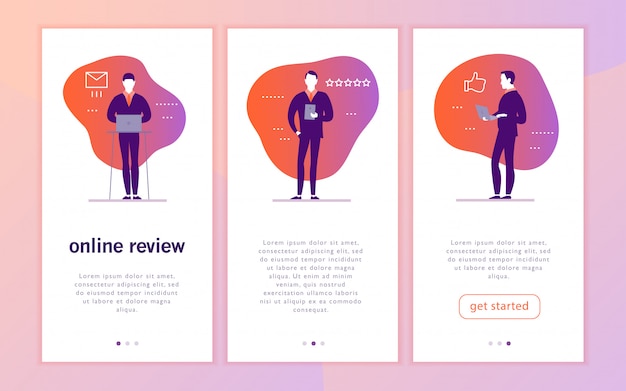 Diseño de concepto de interfaz de aplicación móvil con tema de revisión en línea. Las personas de oficina con gadget (computadora portátil, tableta) otorgan una calificación de estrellas. Pulgar arriba, iconos de líneas de estrellas.