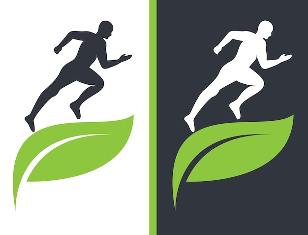 Diseño de concepto de logotipo de corredor de hoja verde Diseño de vector de concepto de tratamiento de fisioterapia