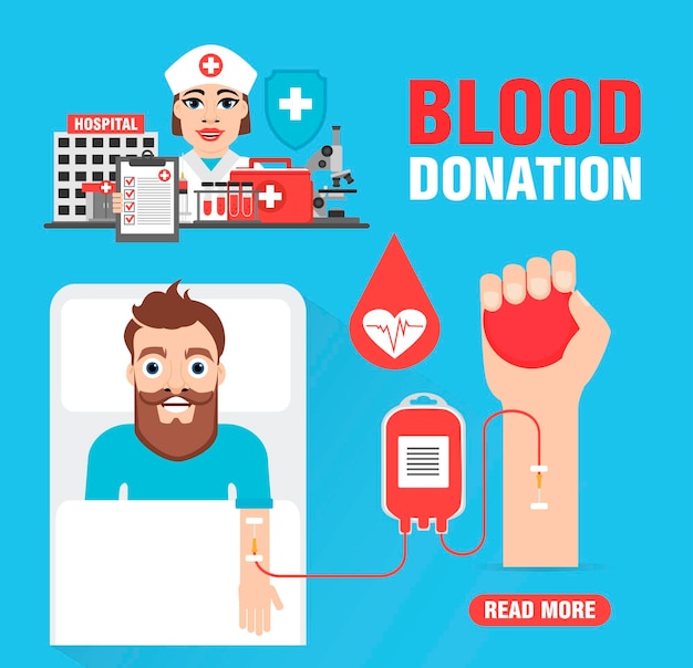 Diseño de concepto médico banner web plano gráficos de información donación de sangre ilustración vectorial