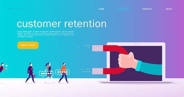 Diseño de concepto de página web, tema de retención de clientes. la gente da una calificación de estrellas retroalimentación positiva, mano humana, imán. plantilla de sitio de aplicación móvil de página de destino. ilustración de negocios mercadotecnia interna