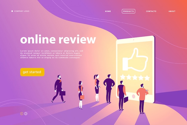 diseño de concepto de página web con tema de revisión en línea: las personas de la oficina se colocan en la gran pantalla brillante del reloj de tableta digital con cinco estrellas. Página de destino, aplicación móvil, plantilla de sitio.