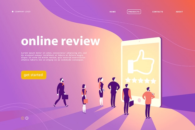 Vector diseño de concepto de página web con tema de revisión en línea: las personas de la oficina se colocan en la gran pantalla brillante del reloj de tableta digital con cinco estrellas. página de destino, aplicación móvil, plantilla de sitio.
