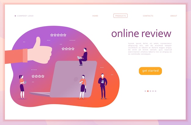 Diseño de concepto de página web de vector con tema de revisión en línea. Gente de oficina con gadgets: computadora portátil, tableta, teléfono inteligente. Pulgar hacia arriba signo, pantalla de computadora portátil, iconos de líneas de estrellas. Página de destino, aplicación móvil, interfaz de usuario, experiencia de usuario, sitio