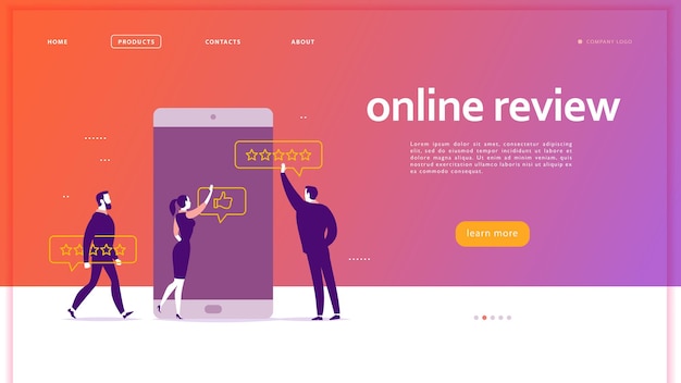 Diseño de concepto de página web de vector con tema de revisión en línea. Gente de oficina en la pantalla del teléfono inteligente dando estrellas, comentarios y calificación. Pulgar hacia arriba, iconos de líneas de estrellas. Página de destino, aplicación móvil, UI, UX, sitio.