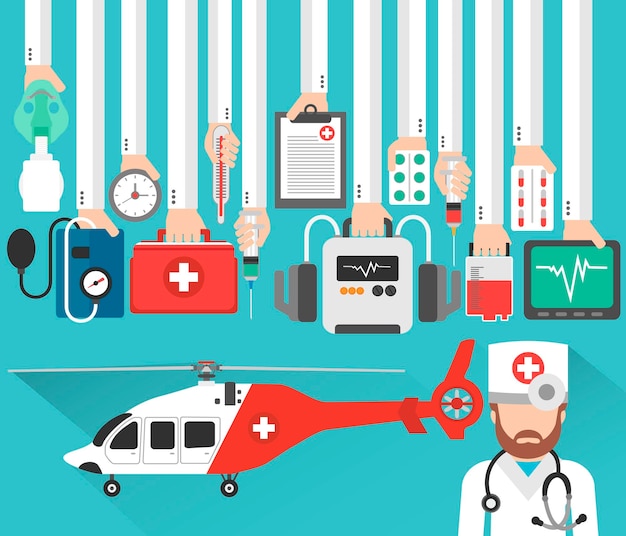Diseño de concepto plano de helicóptero médico con ilustración de doctorVector